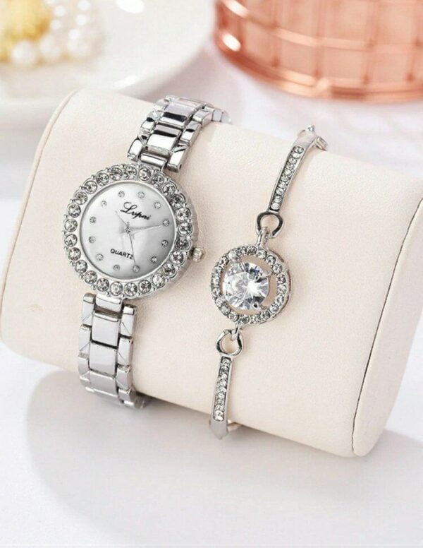 ساعةنسائيةمطعمة بالراين مع سوار حجر الراينRhinestone Bracelet