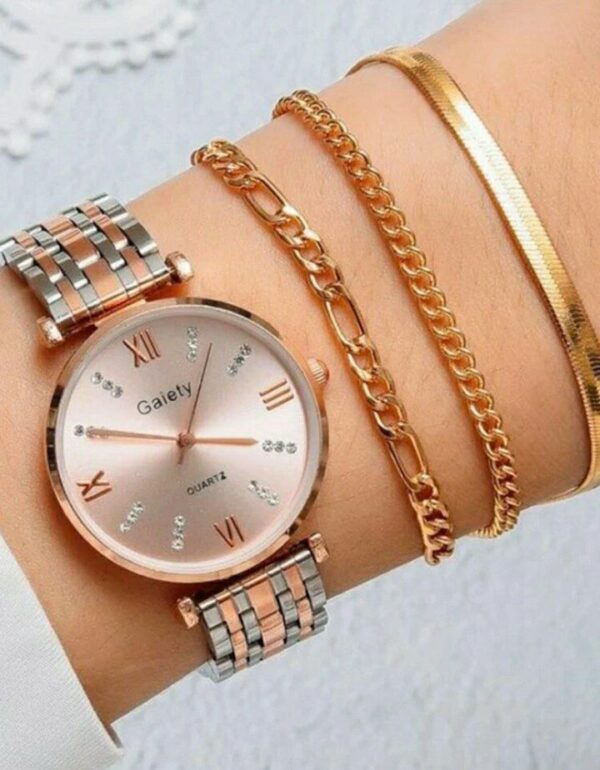 ⁦ساعة نسائية معدنية مرصعة بالماس مع ثلاث أساور Diamond Watch⁩ - الصورة ⁦2⁩